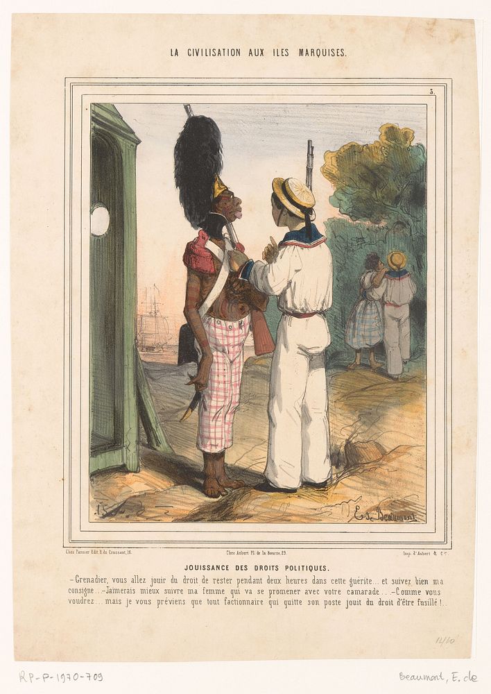 Karikatuur van een grenadier die op zijn post moet blijven staan (1843) by Edouard de Beaumont, Aubert and Cie and Pannier…