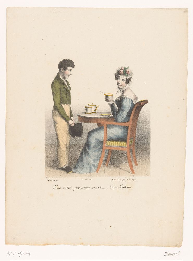 Dame vraagt een jongen thee te serveren (1824) by Blanchet and Senefelder and Co