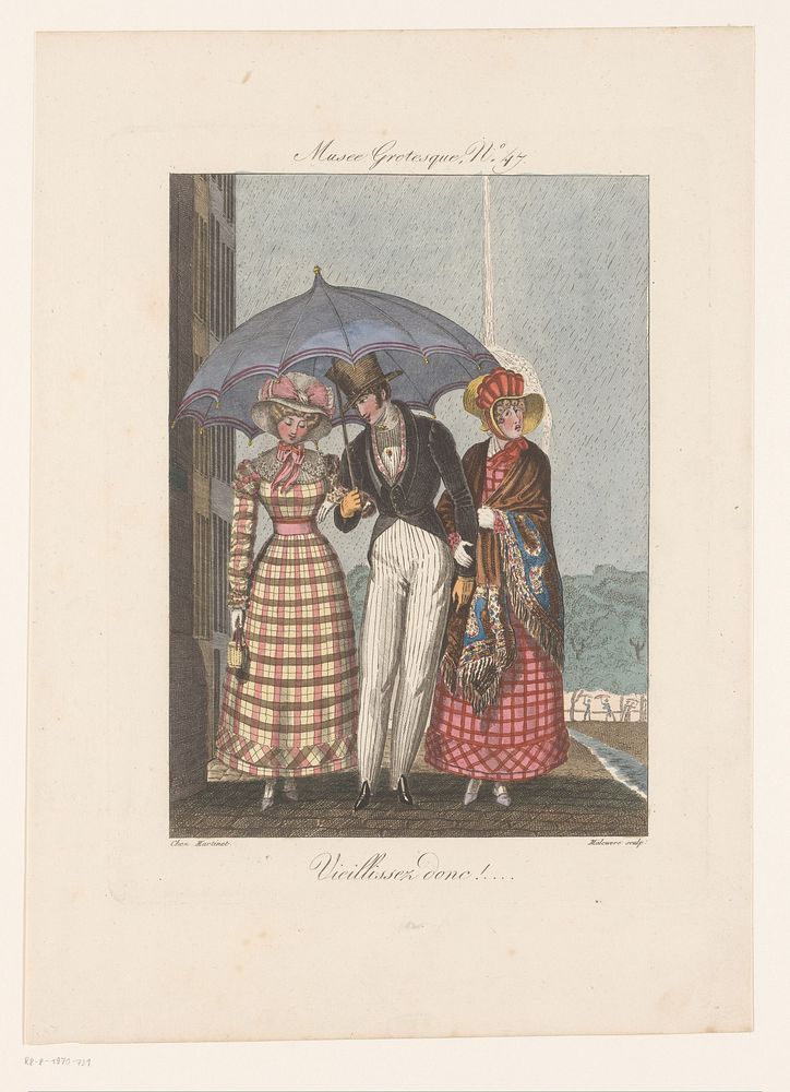 Man met een vrouw onder een paraplu, met tweede vrouw aan de arm (1772 - 1803) by Pierre Maloeuvre and Aaron Martinet
