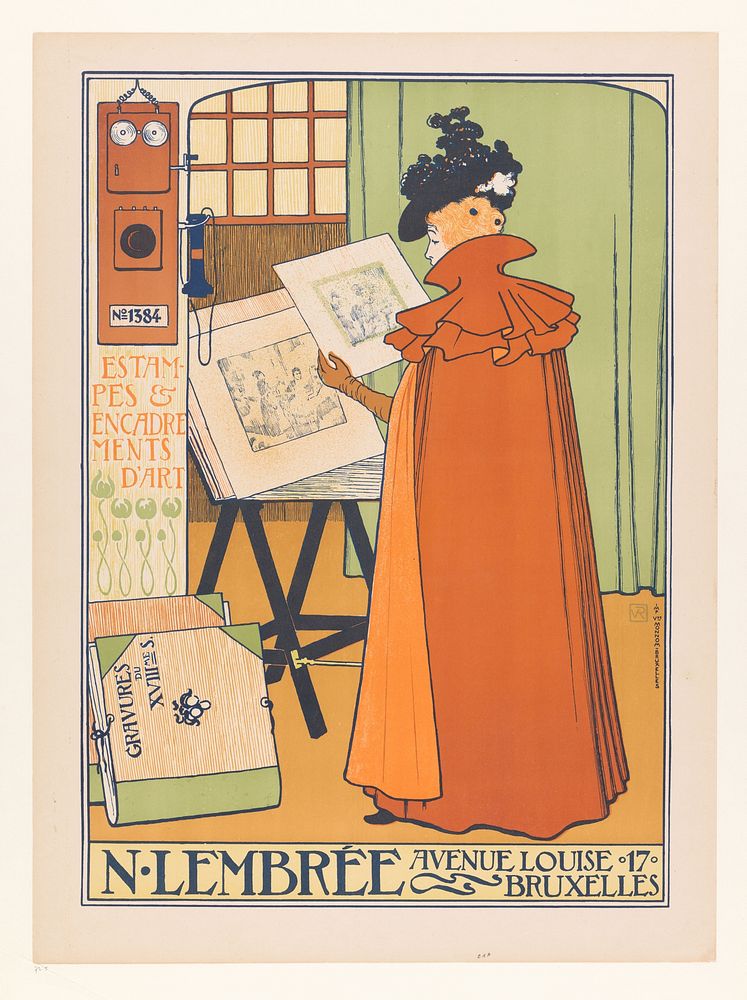 Vrouw met lange mantel bekijkt enkele prenten (1897) by Theo Van Rysselberghe, veuve Monnom and N Lembrée