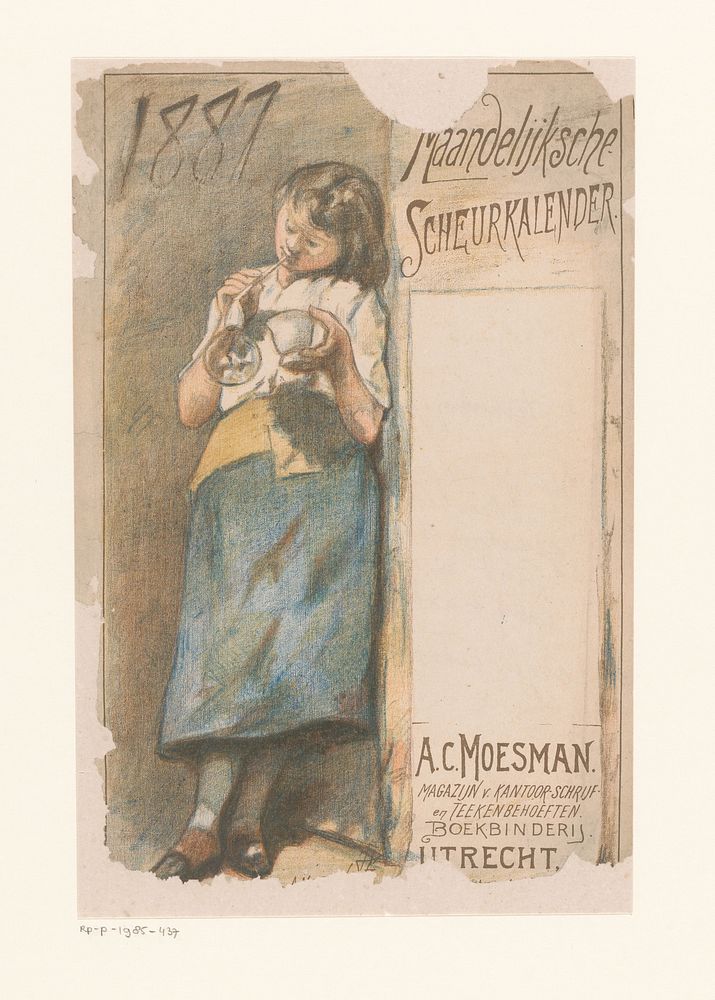 Scheurkalender met bellenblazend meisje (1887) by Johannes Moesman and A C Moesman