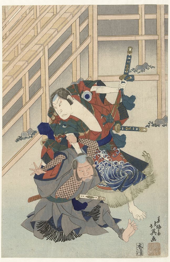 Twee vechtende acteurs (1830 - 1833) by Shunbaisai Hokuei and Honya Seishichi