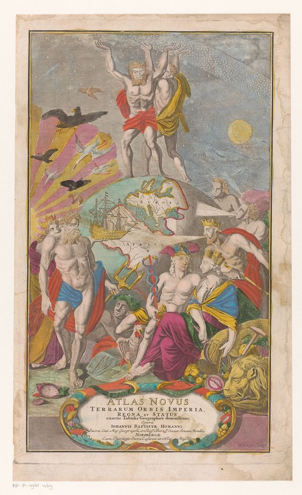 Atlas en Hercules dragen sterrenhemel (in or before 1729) by Michael Rössler, Johann Baptista Homann and Keizerlijk hof