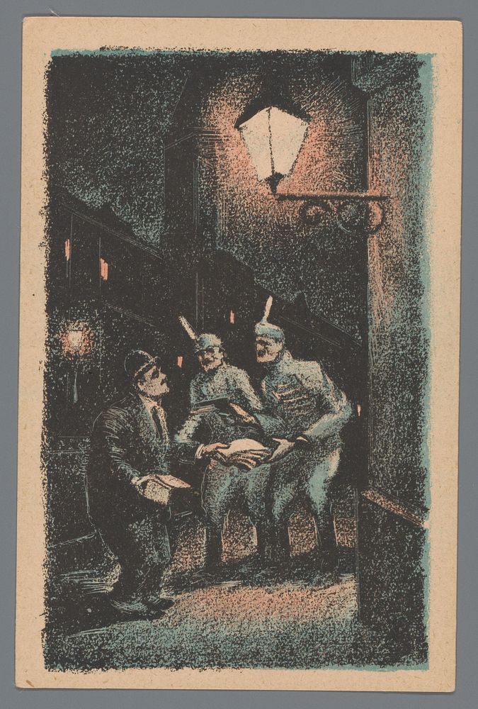 Man overhandigt geld aan twee soldaten onder een straatlantaarn (1920) by Mihály Biró and Arbeiter Buchhandlung