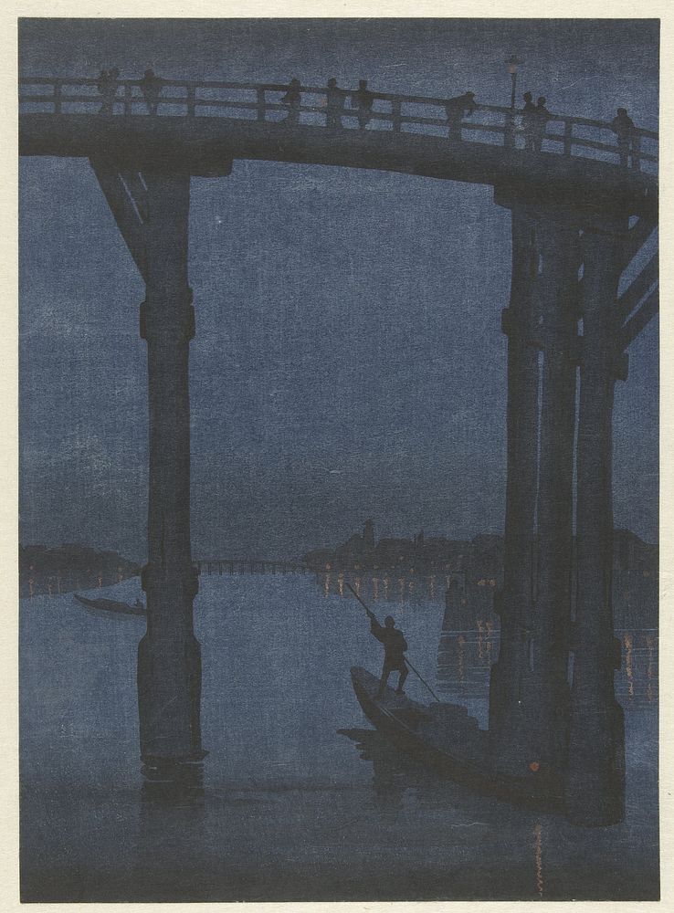 Roeiboot onder brug (1910 - 1930) by anonymous