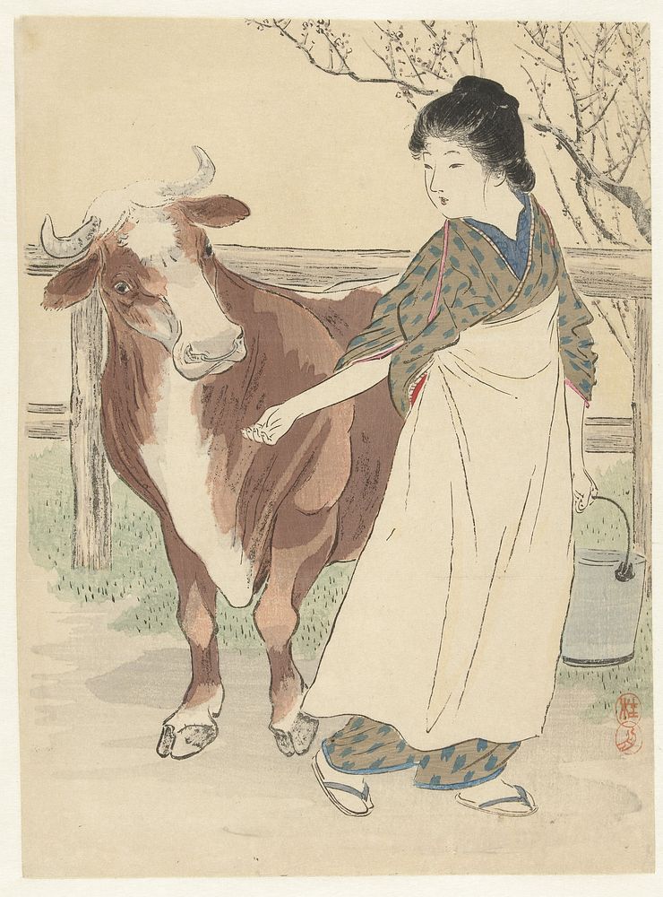 Melkmeid met koe (1900 - 1925) by Takeuchi Keishu