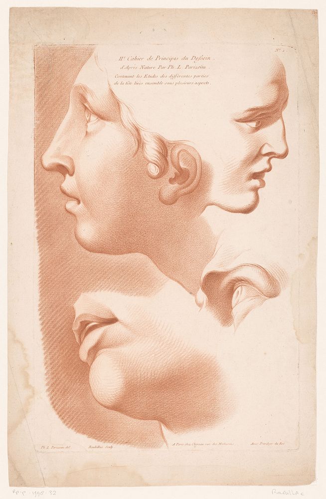 Titelprent met twee vrouwengezichten, mond en oog (1780) by Roubillac, Philippe Louis Parizeau, Jacques François Chéreau and…