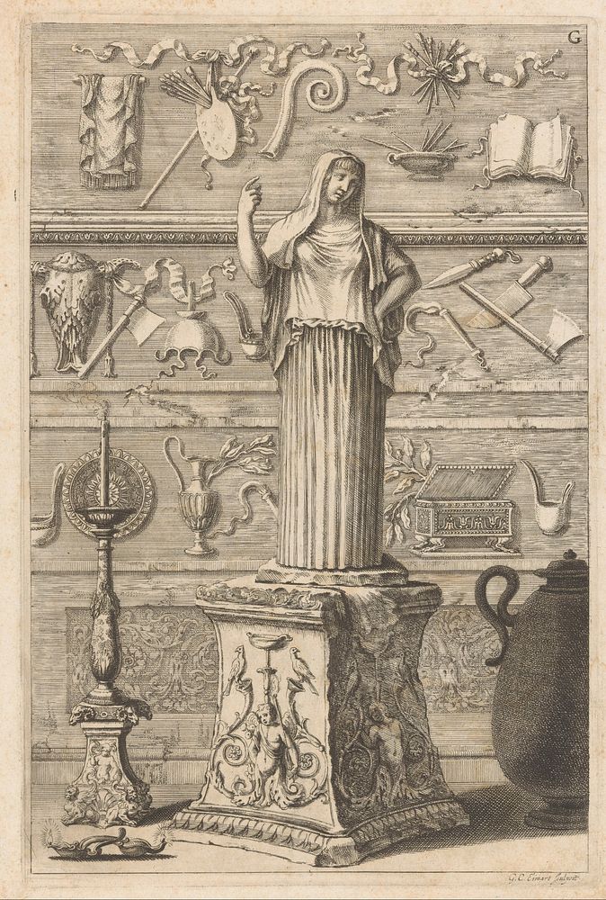 Romeinse fragmenten met beeld Hestia Giustiniani (in or before 1675) by Georg Christoph Eimmart II and Jakob von Sandrart