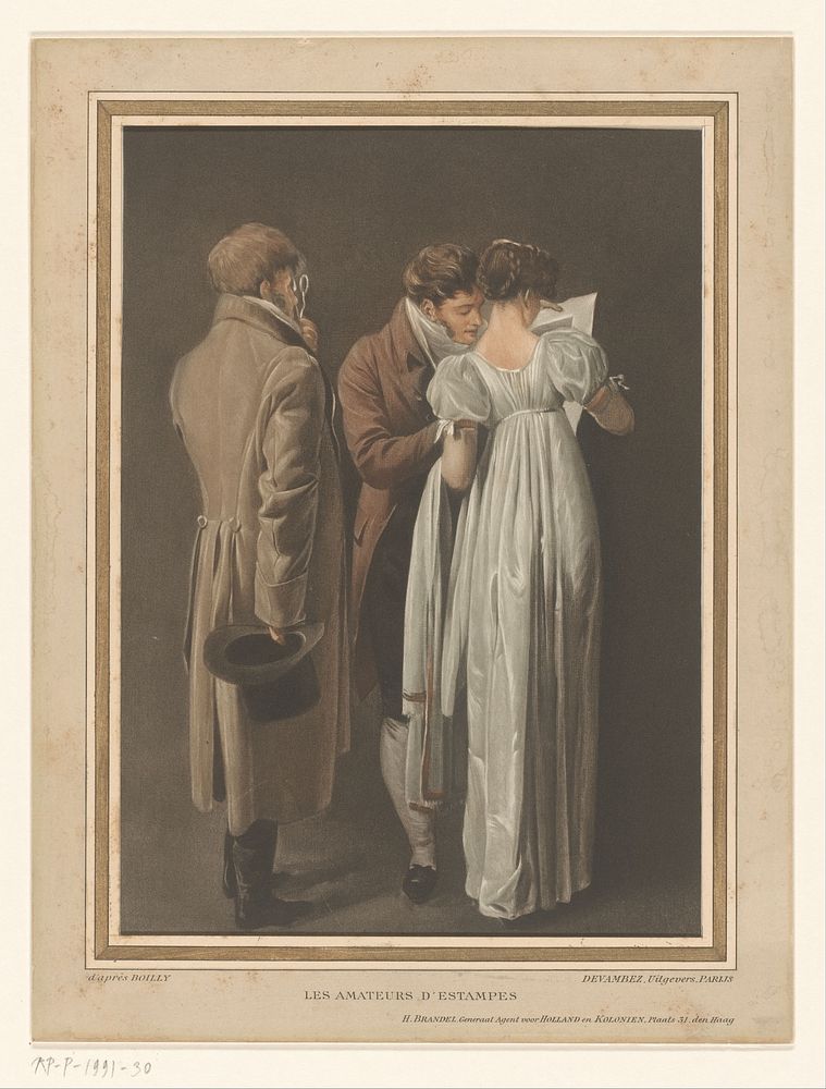 Drie bezoekers bekijken een prent (1810 - c. 1900) by anonymous, Louis Léopold Boilly, Devambez and H Brandel
