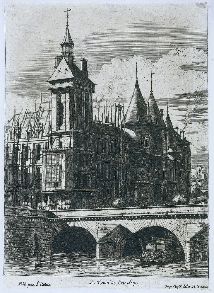 Toren met uurwerk op hoek van Palais de Justice in Parijs (1852) by Charles Meryon and Charles Meryon