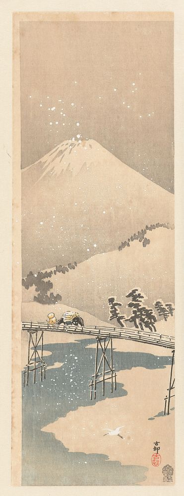 Sneeuwlandschap met de berg Fuji (1900 - 1910) by Ohara Koson and Akiyama Buemon
