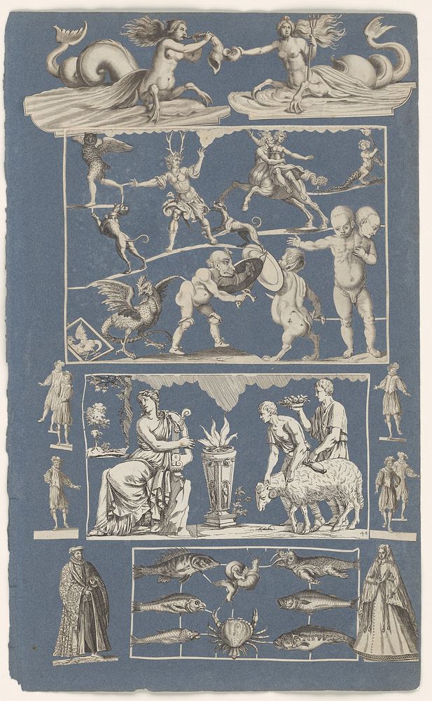 Collage van uitgeknipte prenten geplakt op albumblad van blauw papier (c. 1690 - 1720) by Michael Snijders, anonymous…
