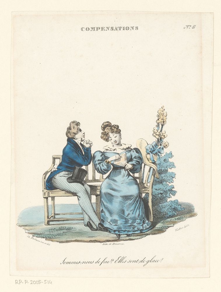 Man probeert vrouw het hof te maken (1827 - 1829) by Émile Wattier, Charles Philipon and Pierre François Ducarme