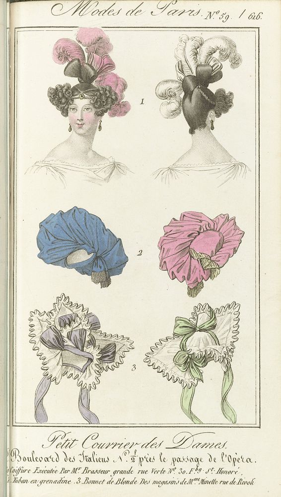 Petit Courrier des Dames, 10 février 1829, No. 59/ 616 : Coiffure Exécutée Par M.r Brasseur... (1829) by anonymous and…