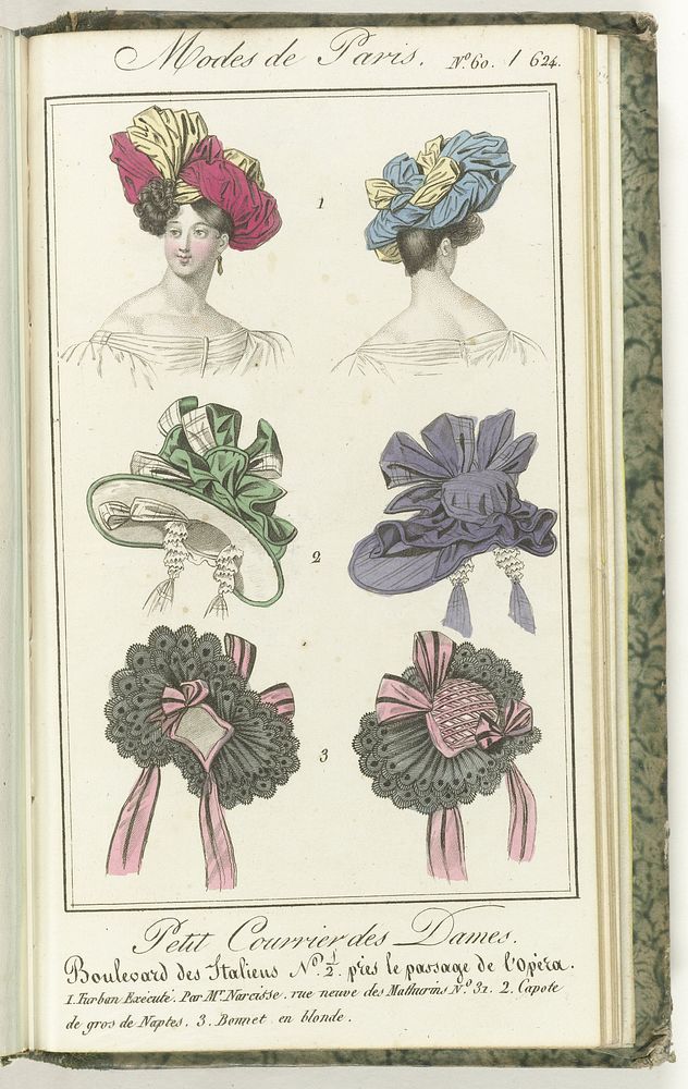 Petit Courrier des Dames, 15 mars 1829, No. 60/624 : 1. Turban Exécuté. par M.r Narcisse... (1829) by anonymous and Dondey…