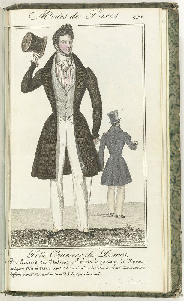Petit Courrier des Dames, 25 juillet 1829, No. 655 : Redingote. Colet de Velours assorti... (1829) by anonymous and Dondey…