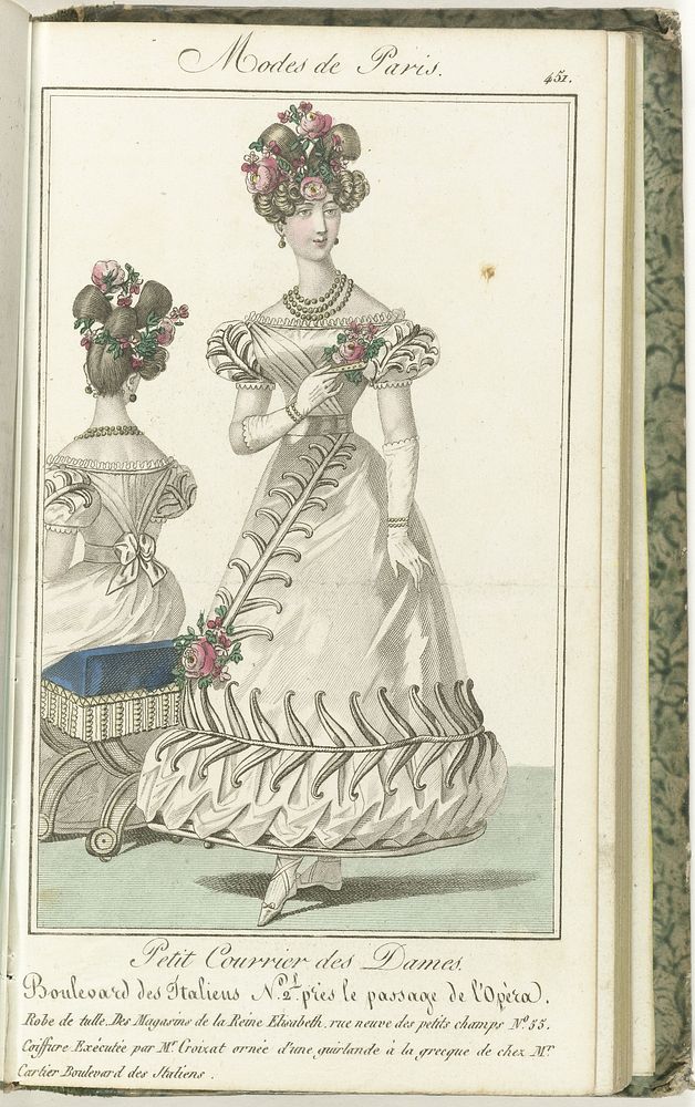 Petit Courrier des Dames, 25 février 1827, No. 451 : Robe de tulle. Des Magasins de la Reine Elisabeth... (1827) by…