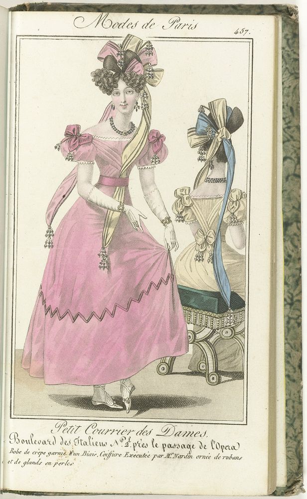 Petit Courrier des Dames, 1827, No. 457 : Robe de crèpe garnie d'un biais... (1827) by anonymous and Dondey Dupré