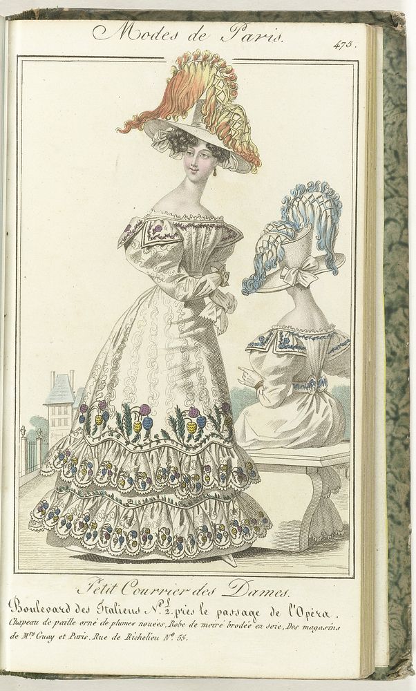 Petit Courrier des Dames, 5 juin 1827, No. 475 : Chapeau de paille orné de plumes nouées... (1827) by anonymous and Dondey…