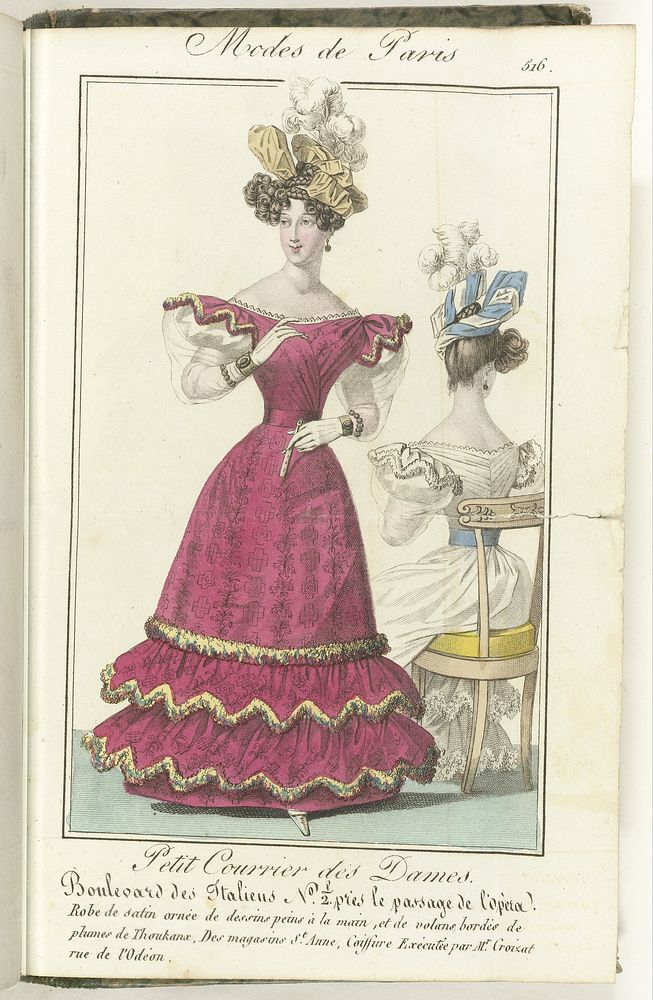 Petit Courrier des Dames, 30 novembre 1827, No. 516 : Robe de satin ornée de dessins... (1827) by anonymous and Dondey Dupré