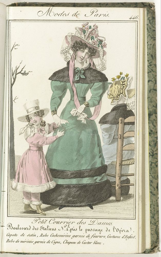 Petit Courrier des Dames, 1827, No. 446: Capote de satin... (1827) by anonymous and Dondey Dupré