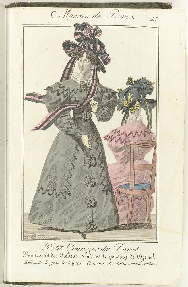 Petit Courrier des Dames, 10 décembre 1827, No. 518 : Redingotte de gros de Naples... (1827) by anonymous and Dondey Dupré