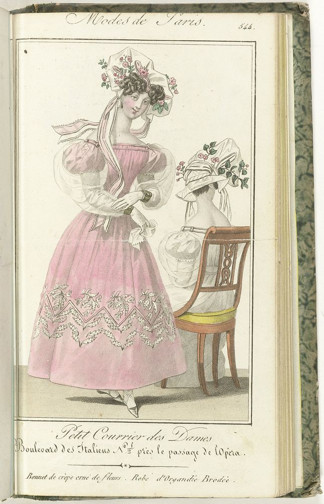 Petit Courrier des Dames, 1828, No. 544 : Bonnet de crèpe orné de fleurs... (1828) by anonymous and Dondey Dupré