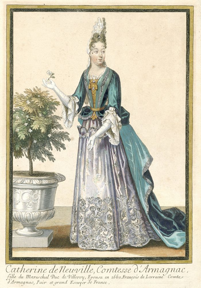 French Prints Propagating French Fashion : Portrait of Catherine de Neuville, Countess of Armagnac (c. 1685 - c. 1695) by…