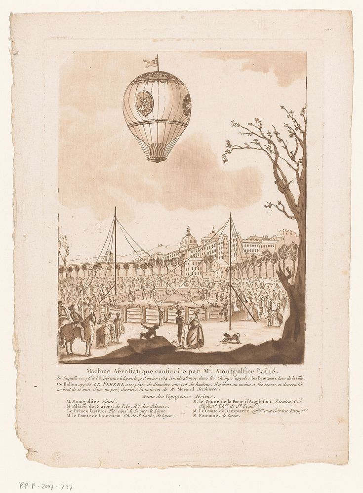 Luchtballon, Le Flezel, van Joseph-Michael Montgolfier l'Aîné buiten Lyon (in or after 1784) by anonymous