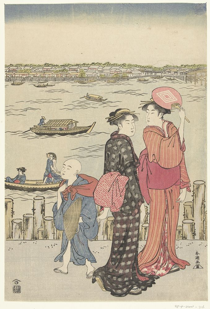 Twee vrouwen en een jongetje op de kade bij een rivier. (c. 1785) by Katsukawa Shunchō and Nishimura Yohachi