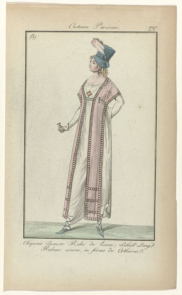 Journal des Dames, Costume Parisien, juillet 1797 (3) : Chapeau Spencer (...) (1797) by anonymous, Sellèque and Pierre de la…