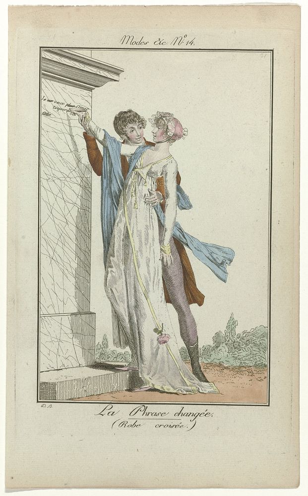 Modes et Manières du Jour, 1799-1800, No. 14 : La Phrase changée. (Robe croisée) (1799 - 1800) by Philibert Louis Debucourt…