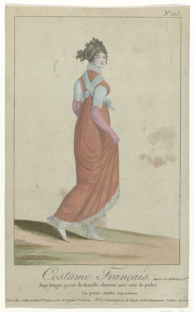 Costume Français, puis Nouveau Costume Parisien 1799-1810, No. 103 : Jupe longue garnie de dentell (...) (1799 - 1810) by…