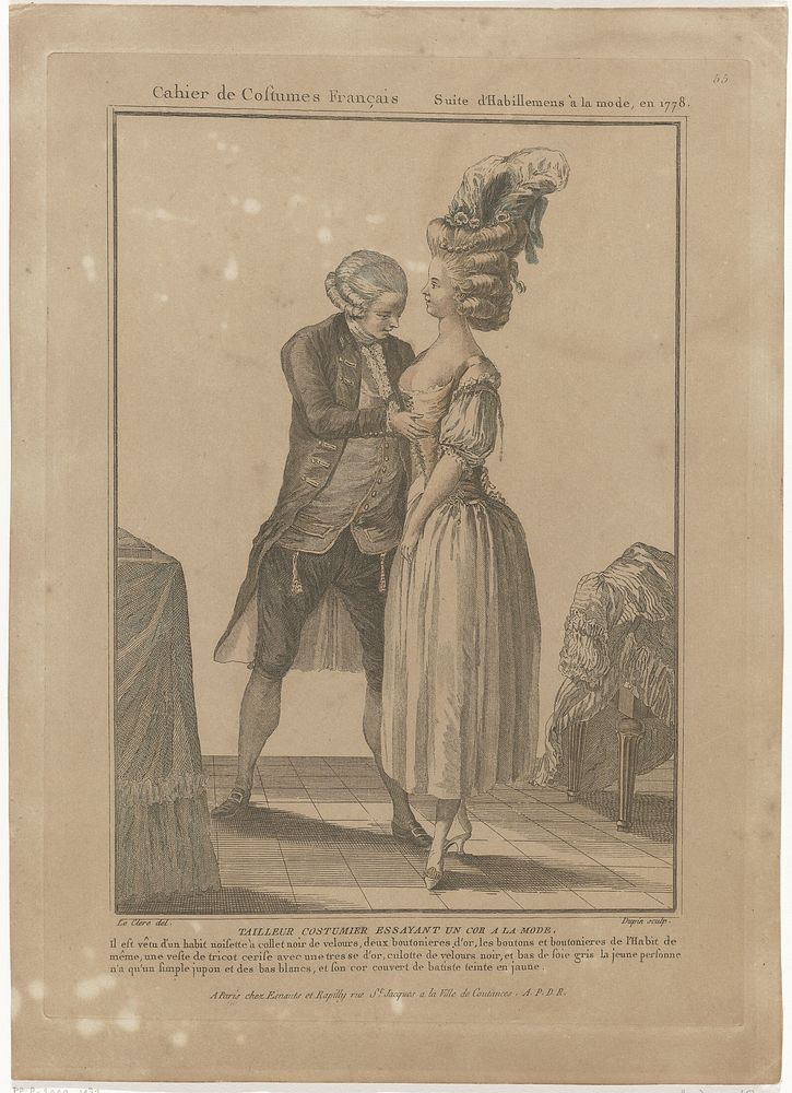 Gallerie des Modes et Costumes Français, 1778, P 85 : Tailleur costumier essayant un cor de la mode (1778) by Dupin, Pierre…