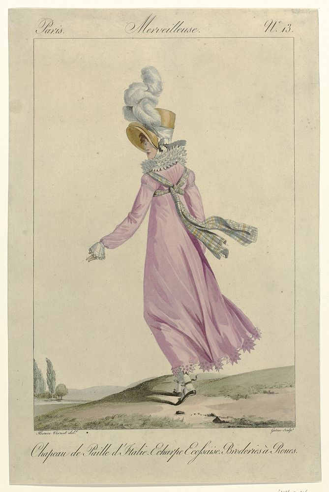 Incroyables et Merveilleuses, 1812, Merveilleuse, No. 13: Chapeau de Paille d'Itali (...) (1812) by Georges Jacques Gatine…