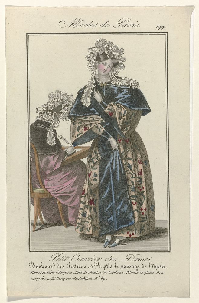 Petit Courrier des Dames, ca. 1829, No. 679 : Bonnet en point d'Anglerr (...) (c. 1829) by anonymous and Dupré uitgever