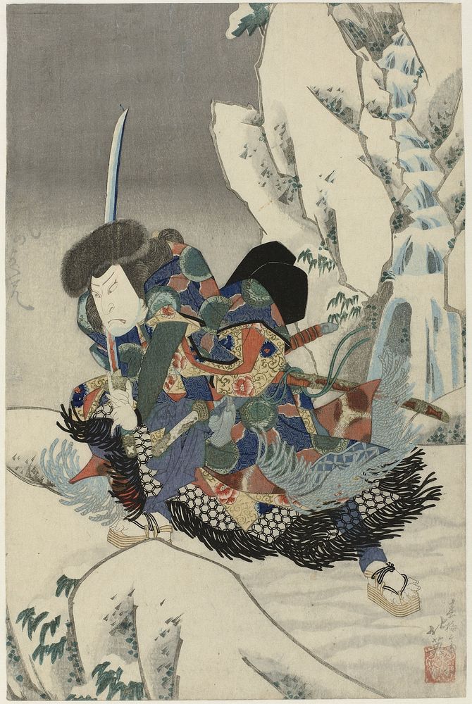 Toneelspeler in sneeuwlandschap, met zwaard (1833 - 1835) by Shunbaisai Hokuei