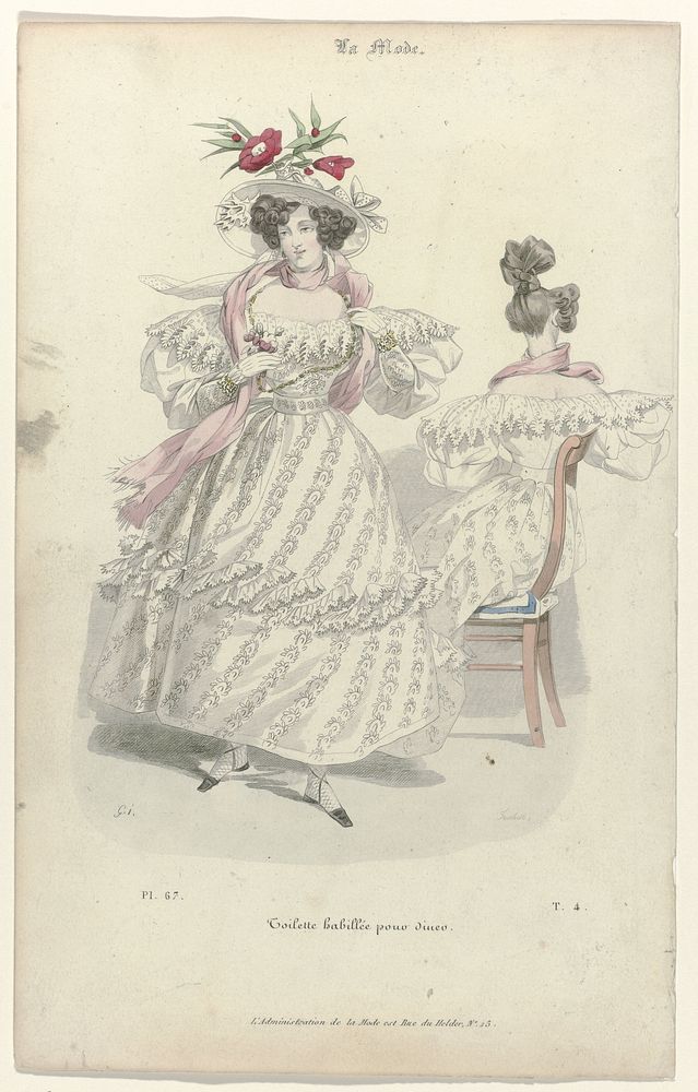 La Mode, 1830, Pl. 67, T.4 :Toilette habillée pour diner (1830) by Trueb and Paul Gavarni