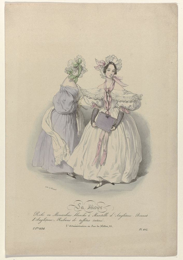 La Mode, 5 octobre 1834, Pl. 402, Robe en Mousseline blanch (...) (1834) by anonymous and Jean François Benard