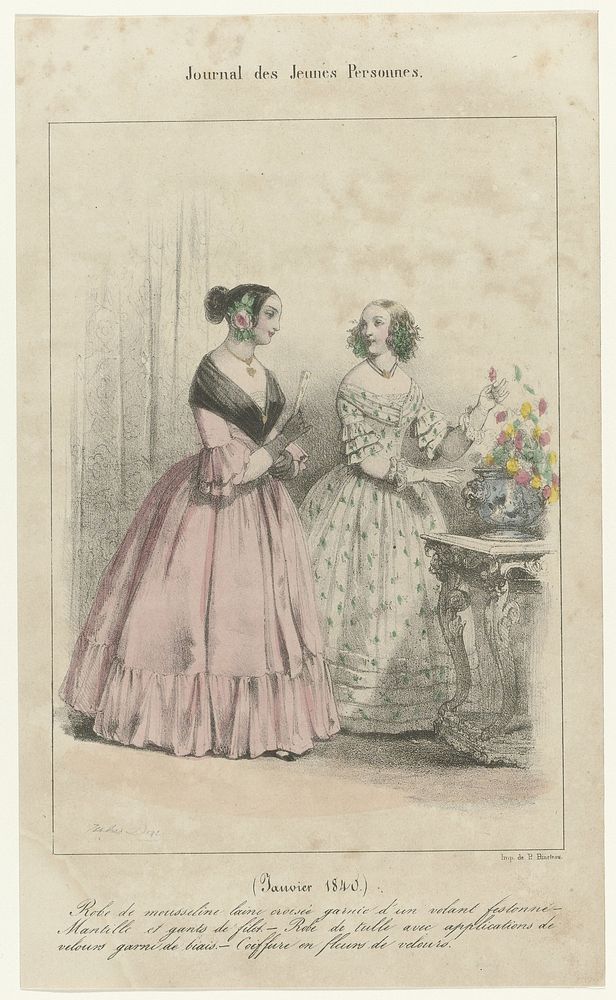 Journal des Jeunes Personnes, janvier 1840 : Robe de mousselin (...) (1840) by anonymous, Jules David 1808 1892 and Pierre…