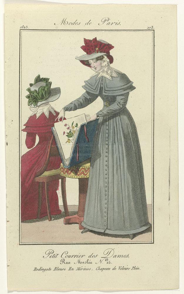 Petit Courrier des Dames, 1823, No. 173 : Redingote Blouse en Mérinos (...) (1823) by anonymous and Dupré uitgever