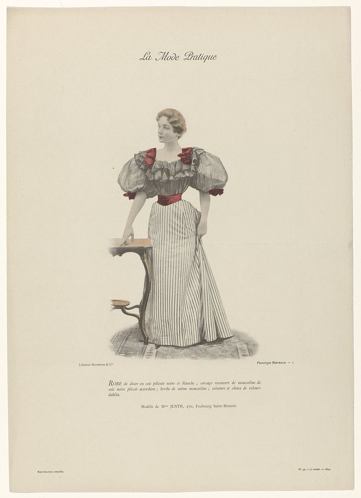 La Mode Pratique, 1894, 3e année, No. 49 : Robe de diner en soie pékiné (...) (1894) by Michel Berthaud and Librairie…