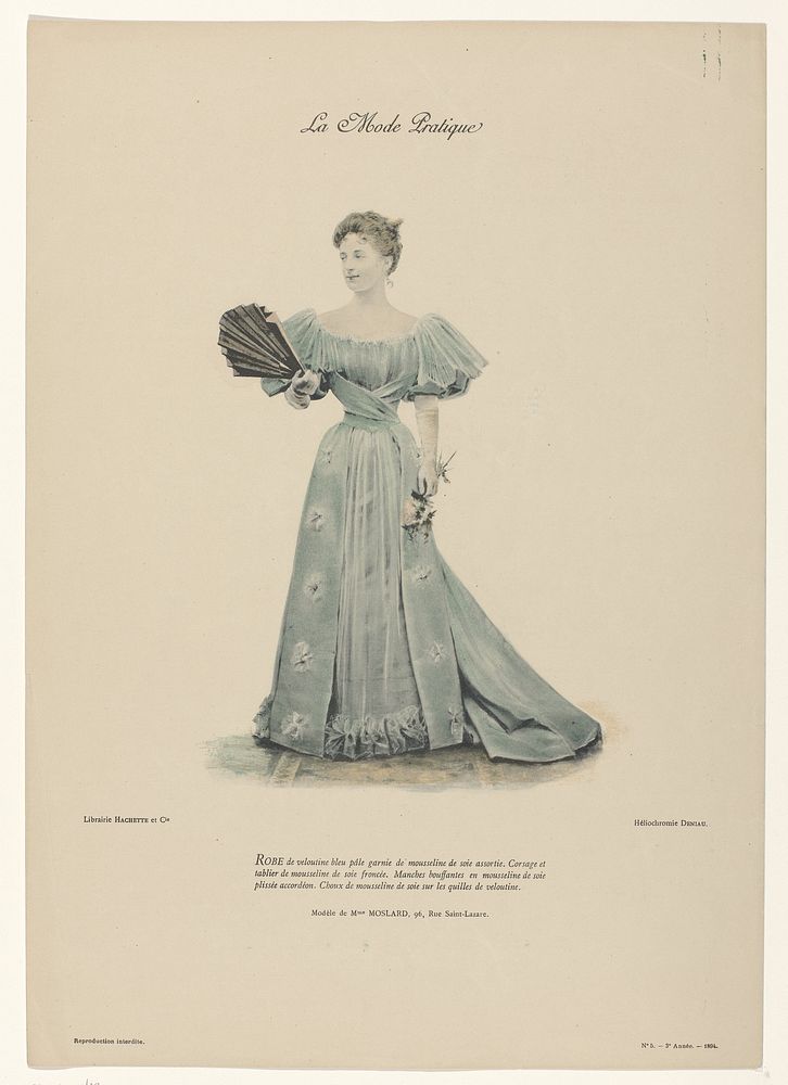 La Mode Pratique, 1894, 3e année, No. 5 : Robe de veloutine bleu (...) (1894) by Deniau and Librairie Hachette and Cie