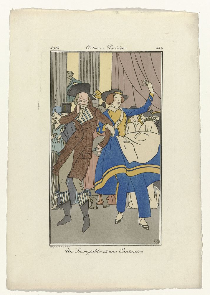 Journal des Dames et des Modes, Costumes Parisiens, 1914, No. 144 : Un Incroyable et une Cantinière (1914) by Monogrammist…
