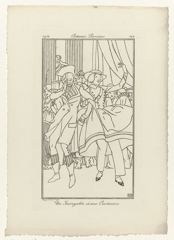 Journal des Dames et des Modes, Costumes Parisiens, 1914, No. 144 : Un Incroyable et une Cantinière (1914) by Monogrammist…