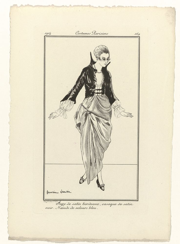 Journal des Dames et des Modes, Costumes Parisiens, 1914, No. 169 : Jupe de satin bordeaux (...) (1914) by Germaine Leurain…