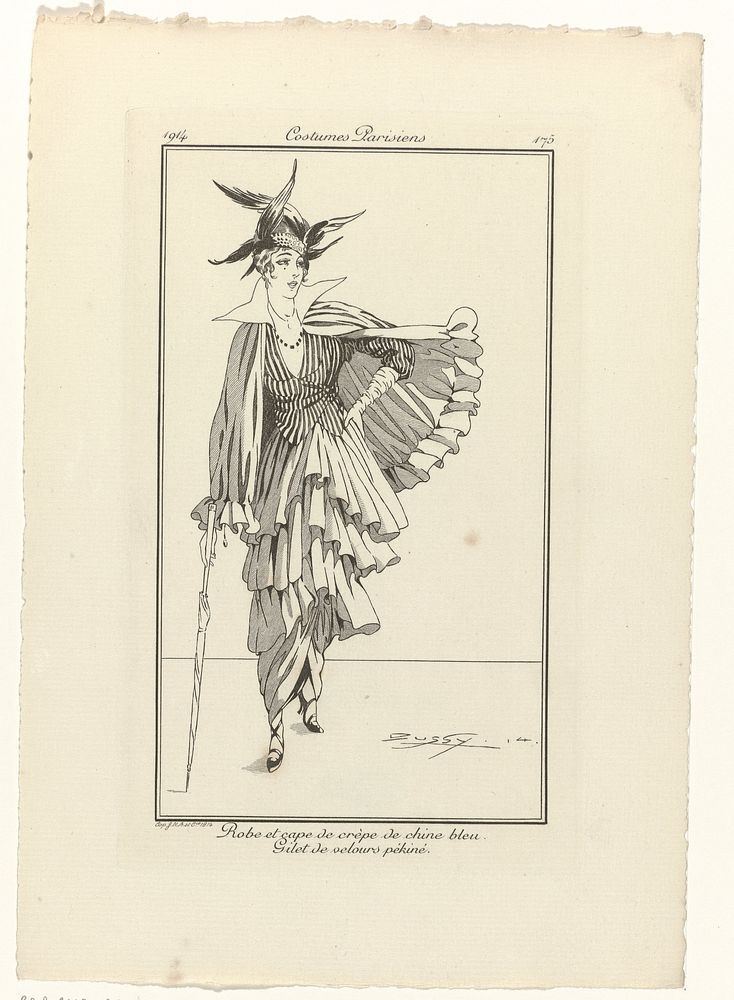 Journal des Dames et des Modes, Costumes Parisiens, 1914, No. 175 : Robe et cap (...) (1914) by Dussy and anonymous