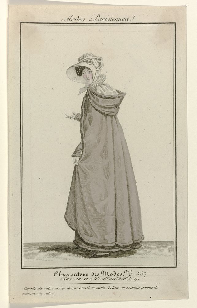 Observateur des Modes, Modes Parisiennes, 1820, No. 237 : Capotte de satin (...) (c. 1820) by anonymous