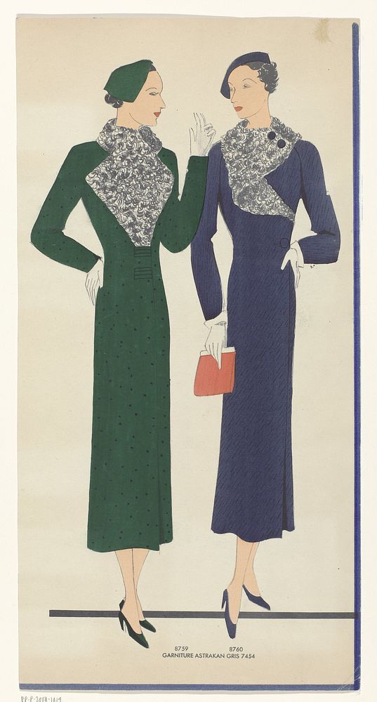 Vrouwen in jurken met garnering van astrakan, 1935, fig. 8757 t/m 8760 (1935) by anonymous
