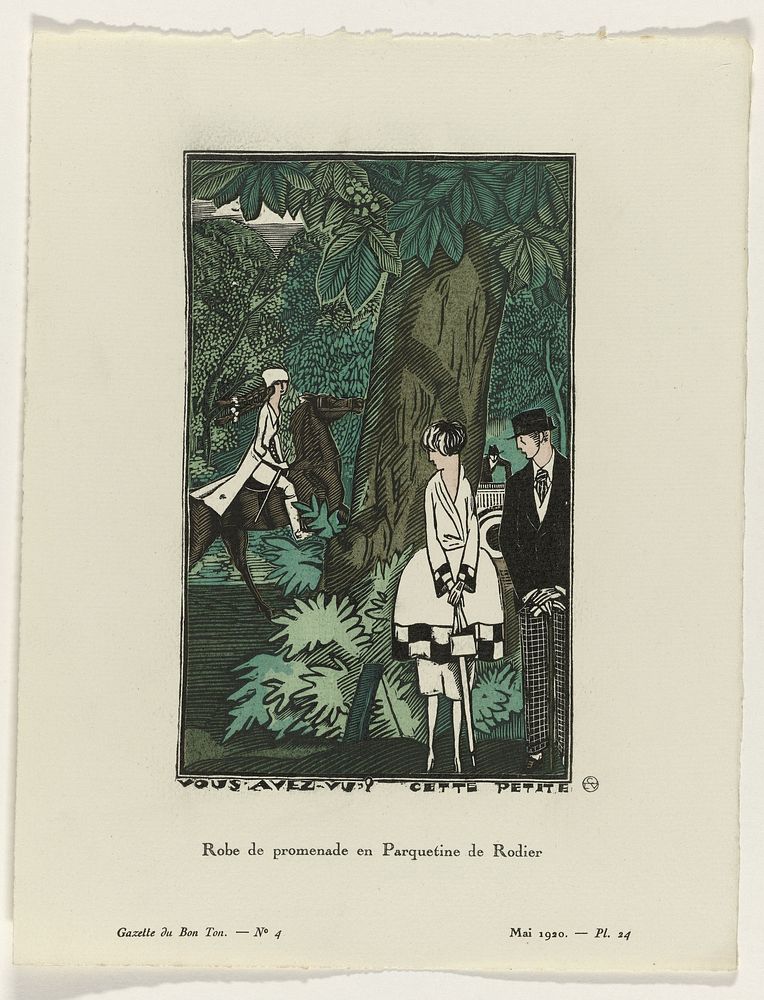 Gazette du Bon Ton, 1920 - No. 4, Pl. 24: Vous avez-vu? Cette petite / Robe de promenade en Parquetine de Rodier (1920) by…